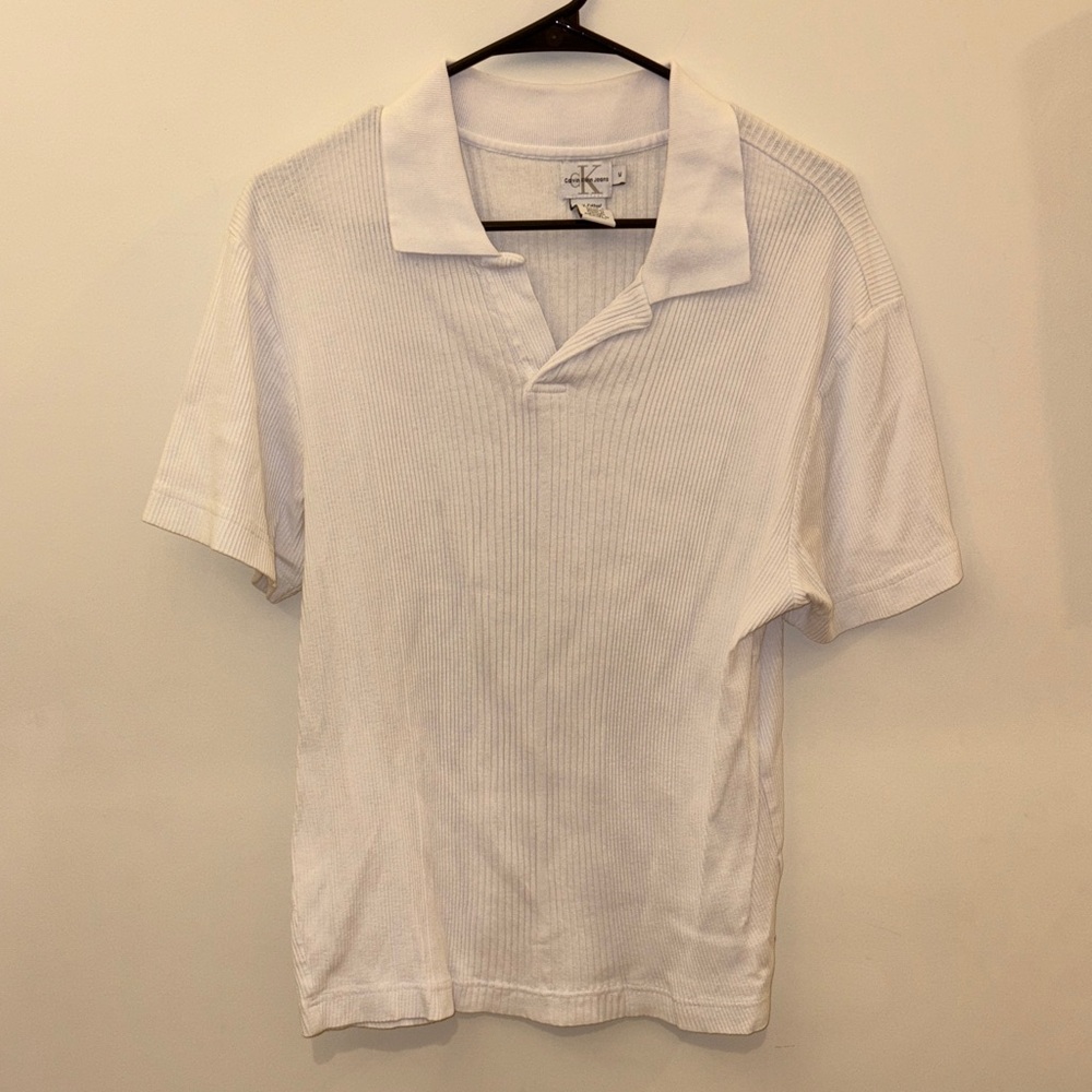 Vintage Calvin Klein Jeans White Polo Shirt Small Spot Stains Texture Stripes